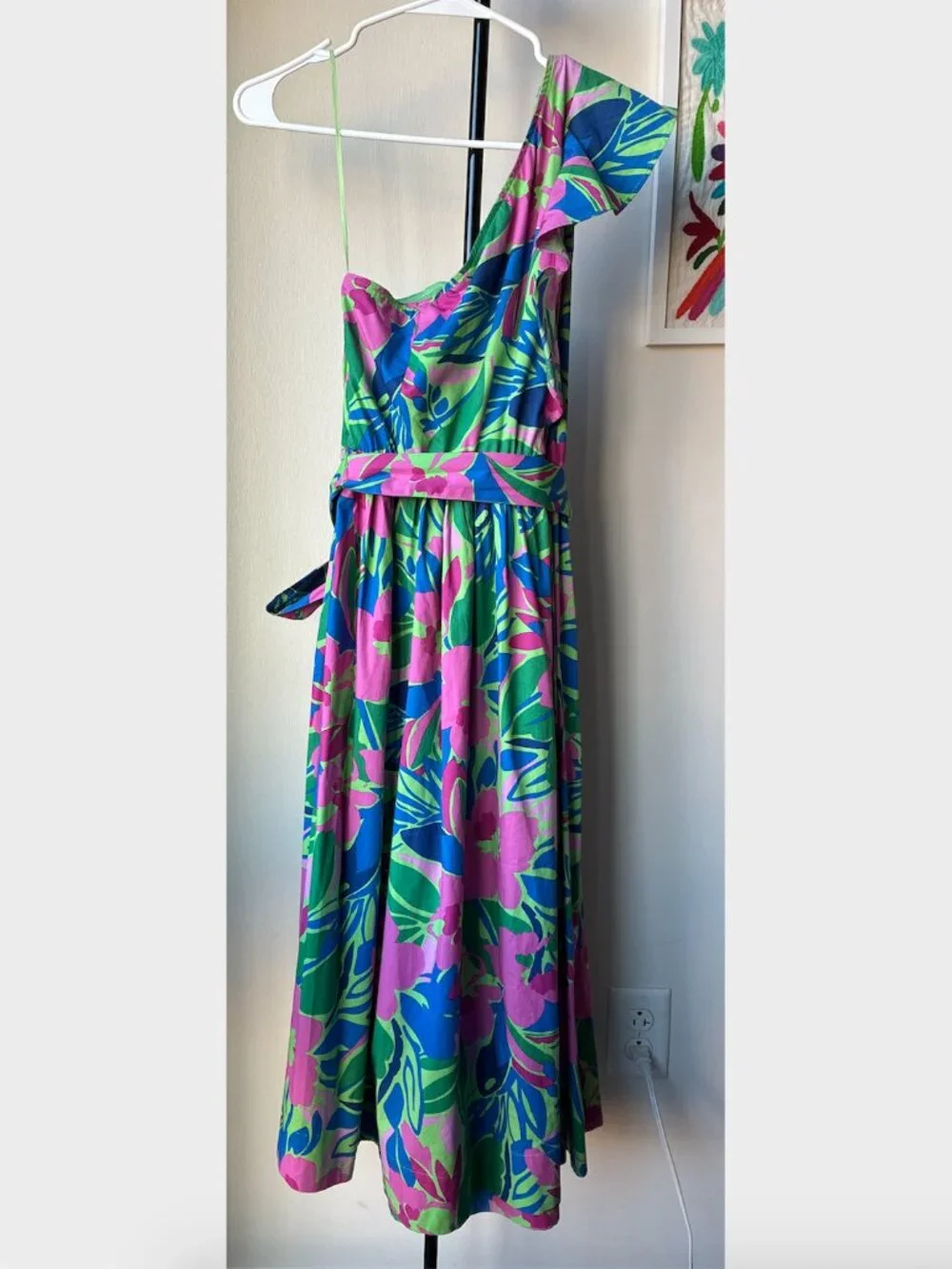 J. Crew One Shoulder Ruffle Floral Green Belted Dress - Size 2